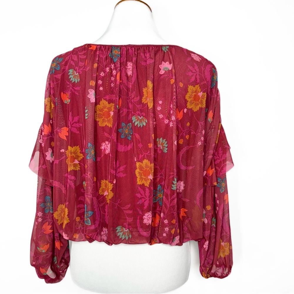 Free People Whimsy Floral Print Berry Pink Ruffled Pleated Draped Blouse XS - Picture 9 of 12